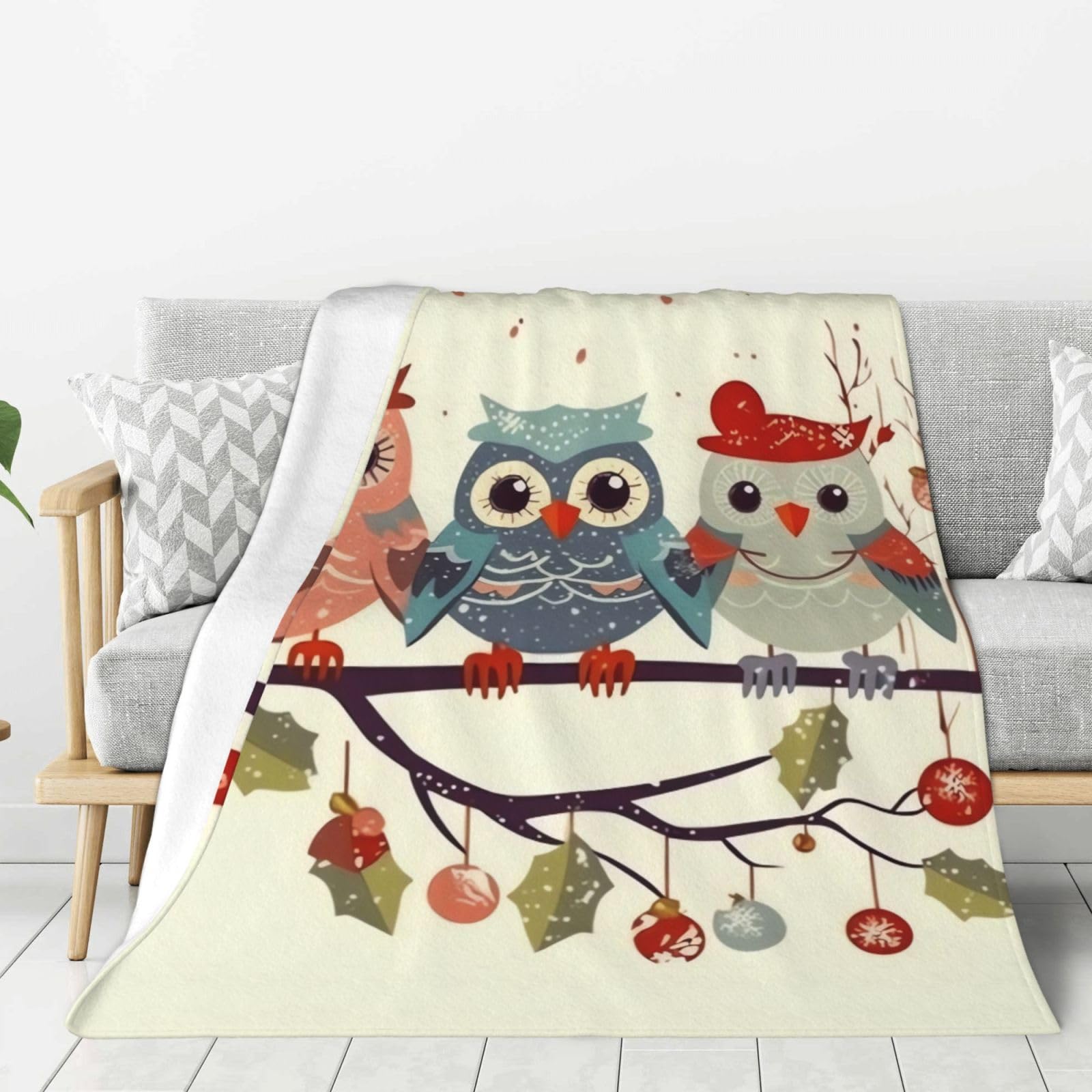 Cute Christmas Owls On Branch Throw Blanket Plush Flannel Fleece Blanket, Soft Lightweight Cozy Blankets 80"X60" for Bed Couch Sofa Travel