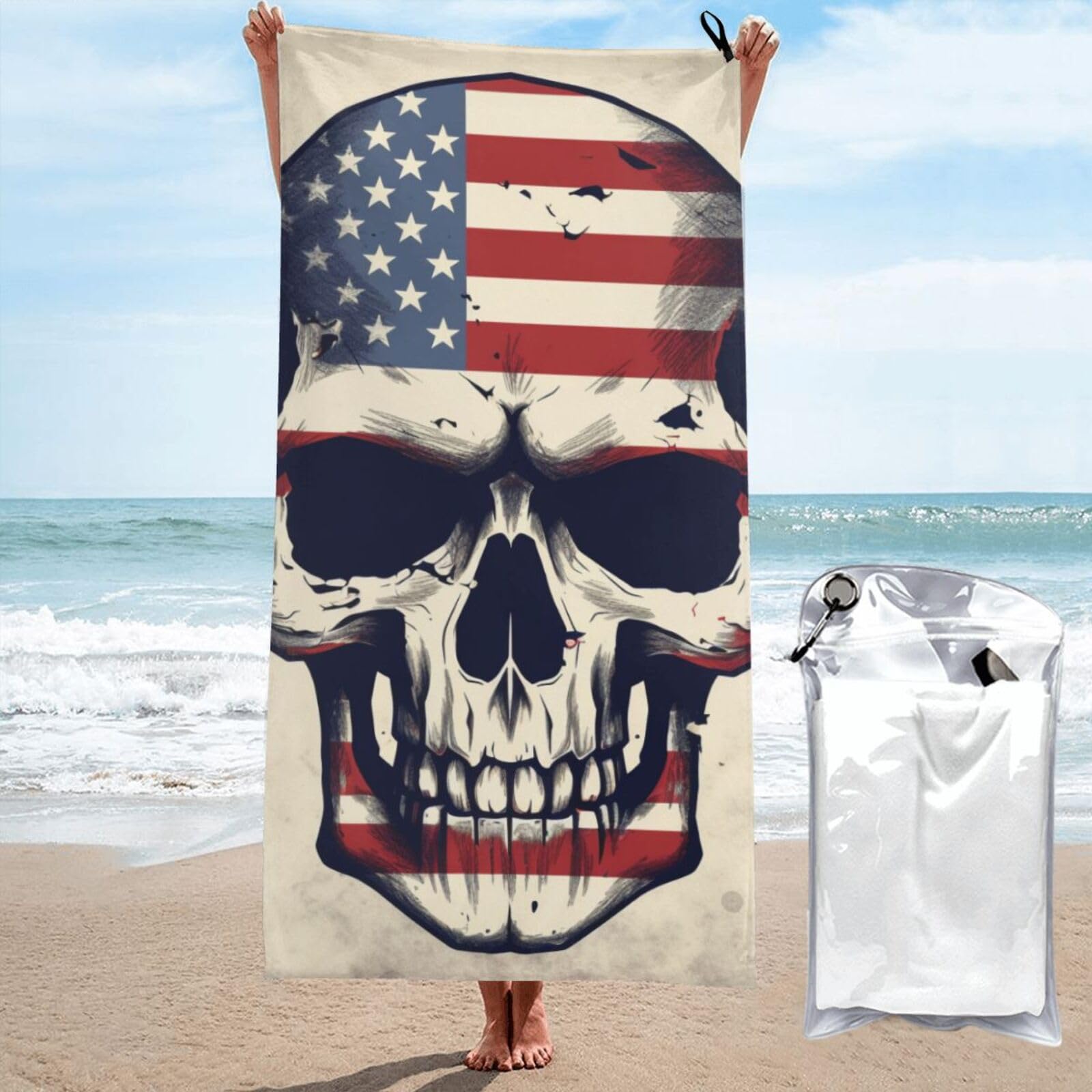 BWWHCCTI American Flag Skull Printed Microfiber Quick Dry Beach Towel 80x160 CM, Fast Drying Bath Towels with Bags for Travel,Camping,Gym,Beach,Swimming,Yoga