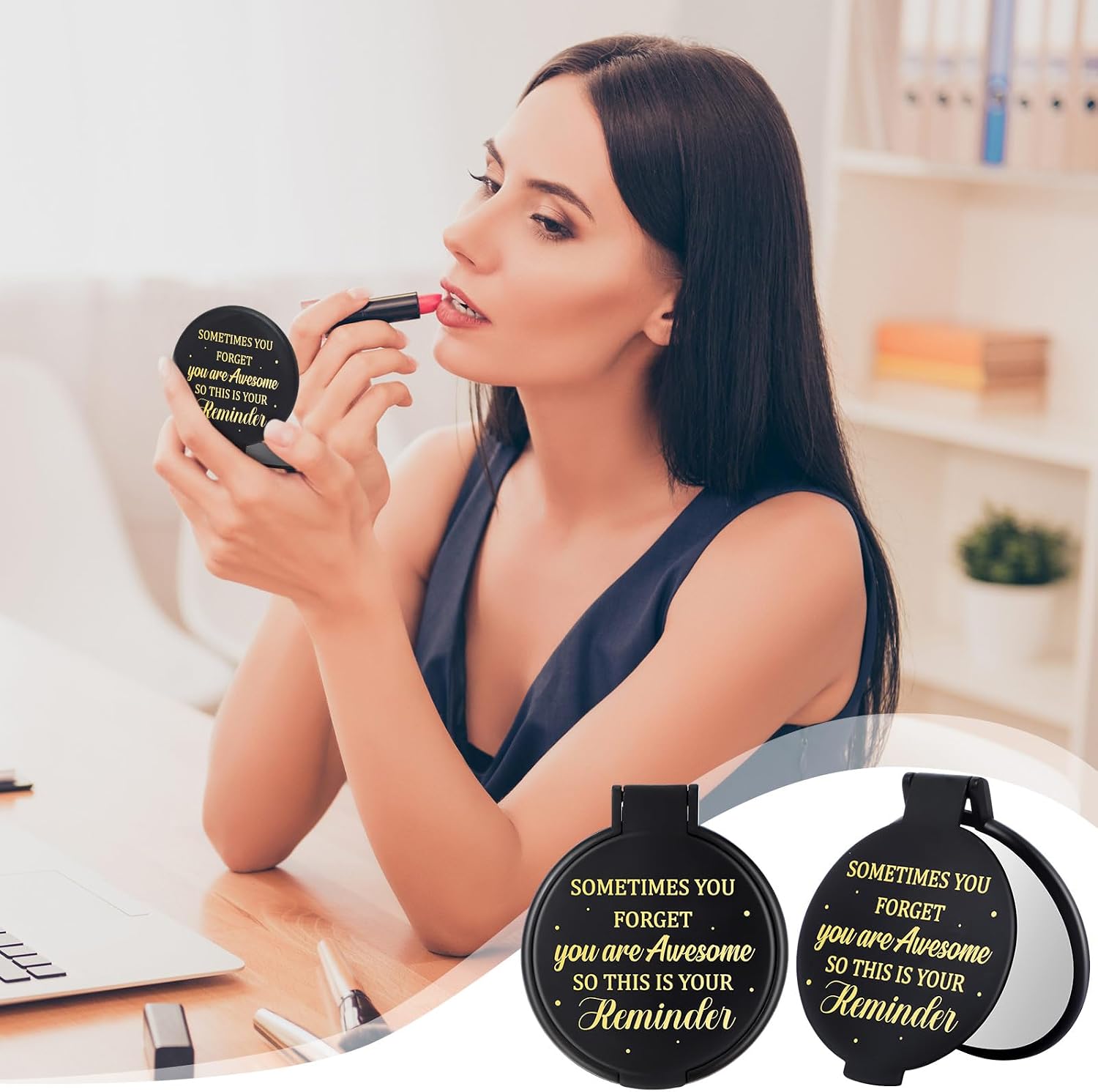 Geetery 50 Set 2.36 Inch Inspirational Compact Mirror Bulk Women Small Gifts Graduation Party Favors Purse Pocket Mirror with Thank You Tag Organza Bag for Teacher Coworker Employee(Black)