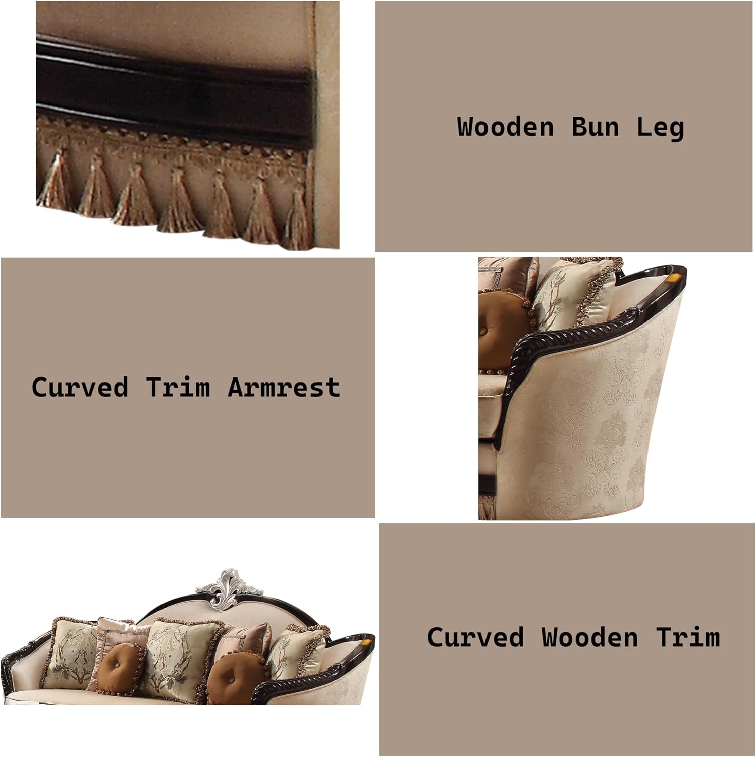 Acme Ernestine Sofa (with 7 Pillows) in Tan Fabric & Black