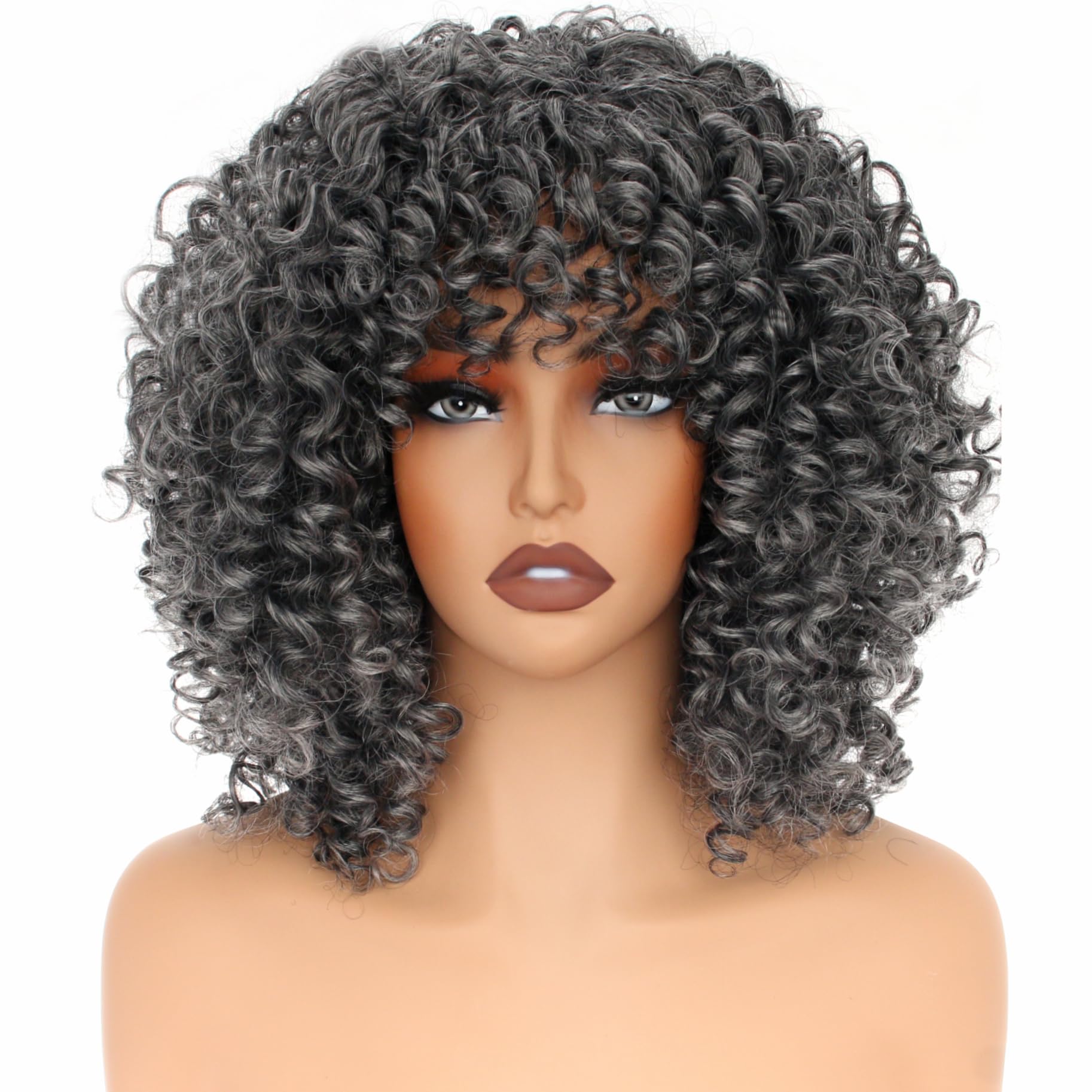 PORSMEER 14 Inch Kinky Curly Wigs for Black Women Afro Bomb Curly Wig with Bangs Synthetic Fiber Glueless Long Deep Wave Hair (Black mix white) - Image 2
