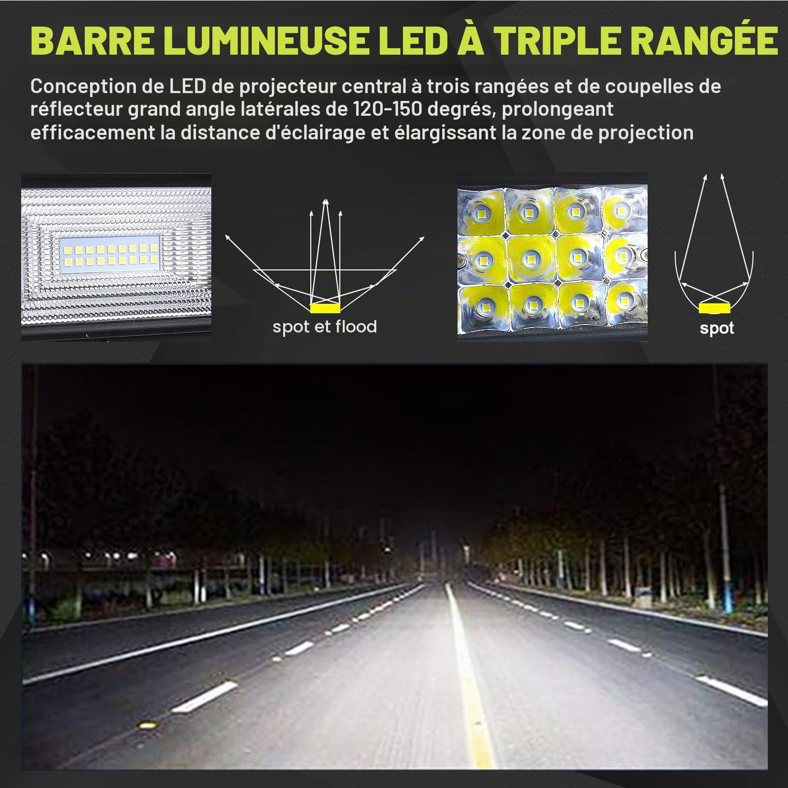 Barre led Incurvée 107cm 42'' 540W + 2pcs Phares de Travail 18W + Faisceau de Câblage Rampe 12V 24V Étanche Projecteur 4x4 Camion Tracteur Quad Bateau