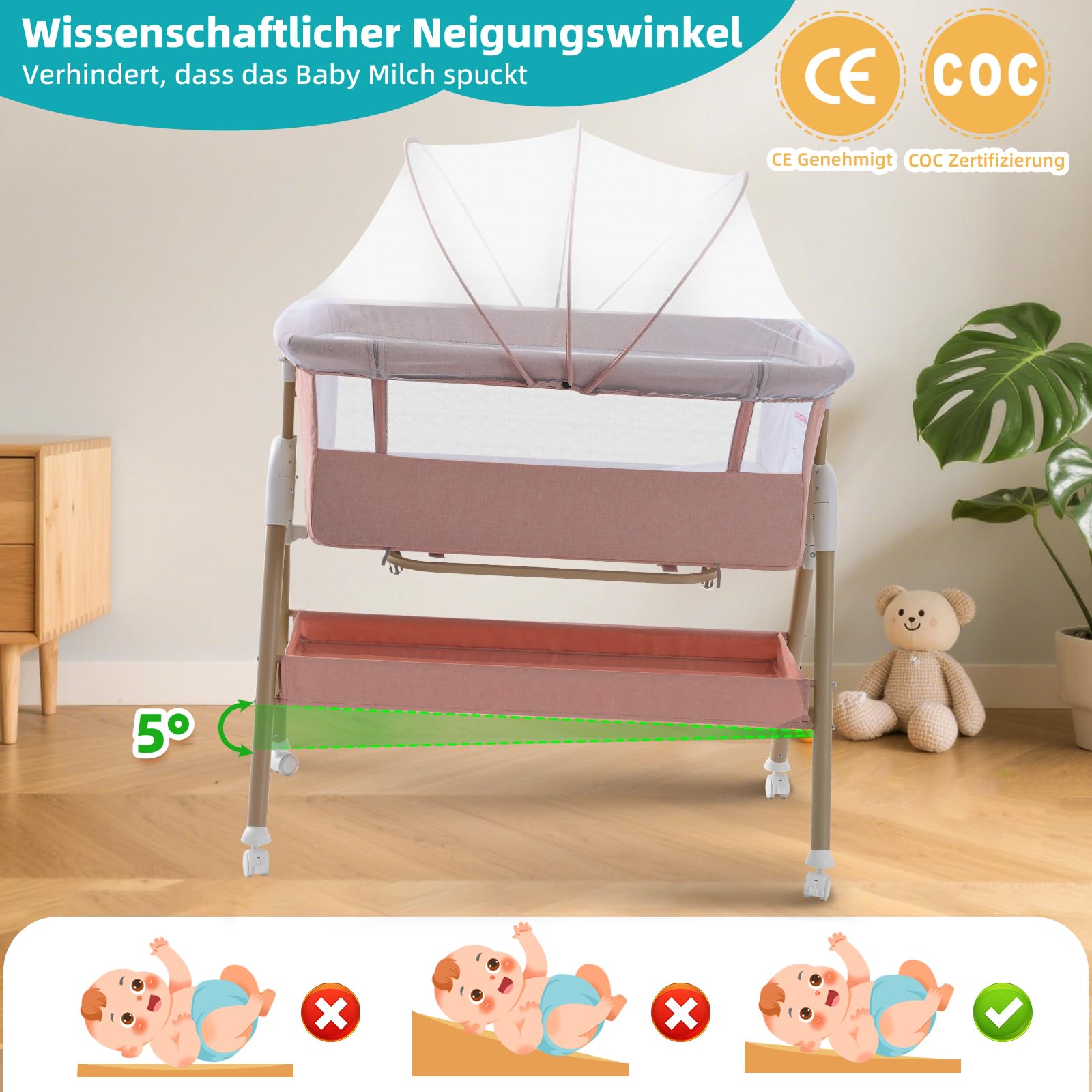 Beistellbett Baby 3 in 1 Tragbar Reisebett mit Matratze Höhenverstellbar Verstellbare Höhe & Neigung 6 abschließbare Räder Baby Co-Sleeper für Neugeborene Kleinkind Rosa