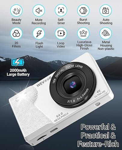 Miniatura 5 de Cámara digital 4K para fotografía: cámara de enfoque automático de 64 MP con doble lente, zoom digital 18X, cámara de punto y disparo pequeño con