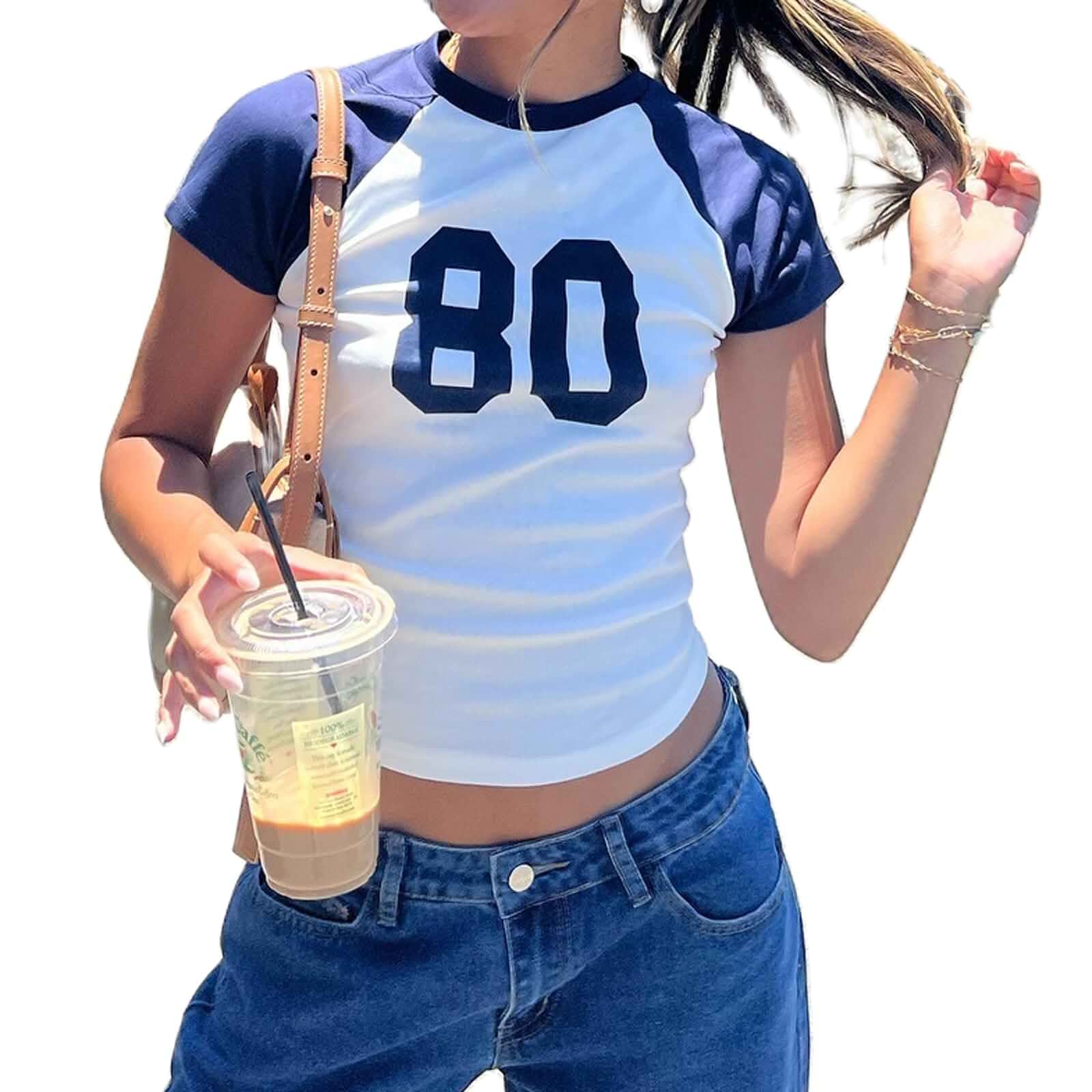 Women Short Sleeve Jersey Crop Tops Y2k Number Graphic Baby Tees Summer Teen Girls Crewneck Slim Fit T-Shirts Long Sleeve