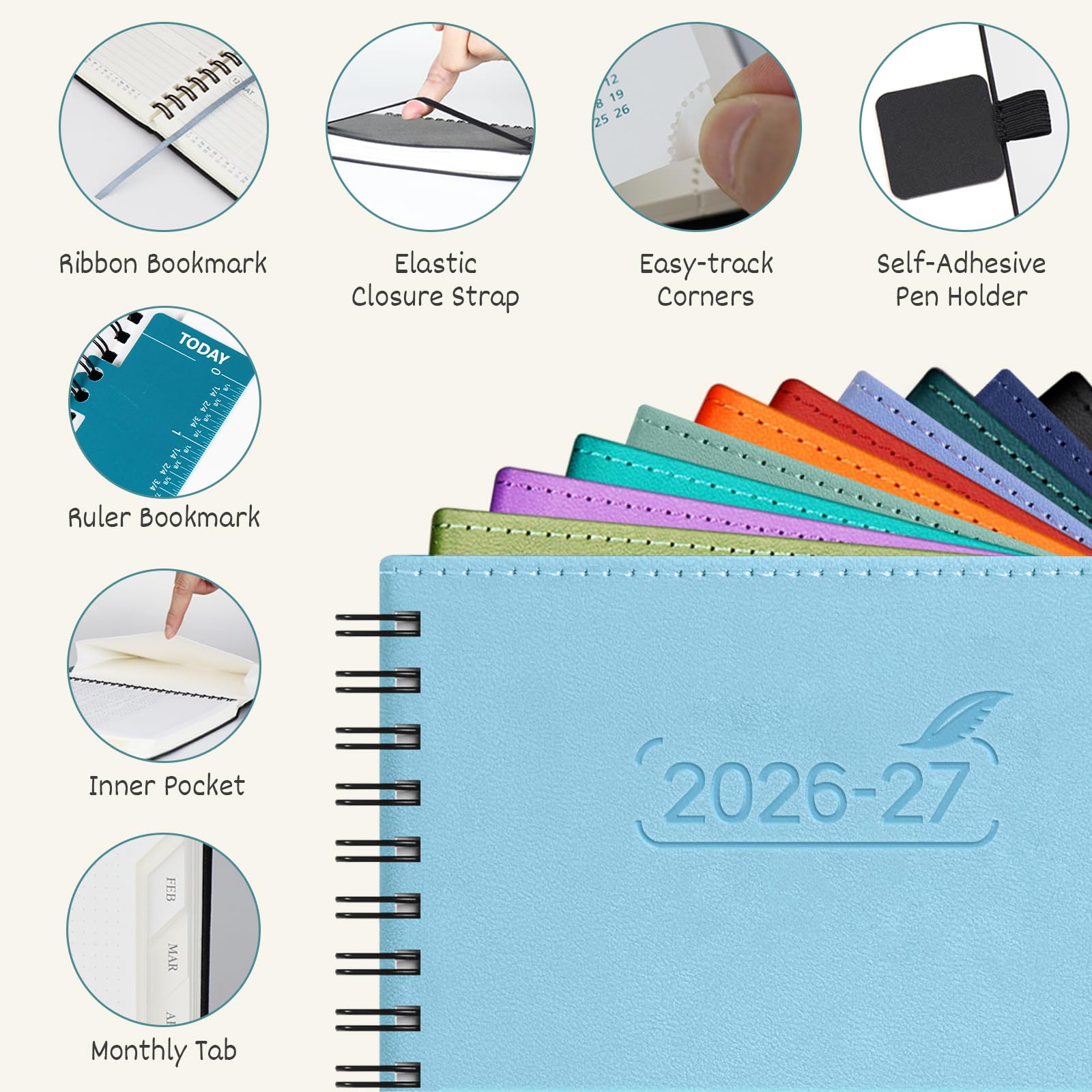 BEZEND Agenda 2026-2027 settimanale e mensile (21,6 x 27,9 cm) calendario giornaliero con linguette (26 luglio-27 dicembre) fasce orarie verticali, tasca portaoggetti, filo doppio resistente