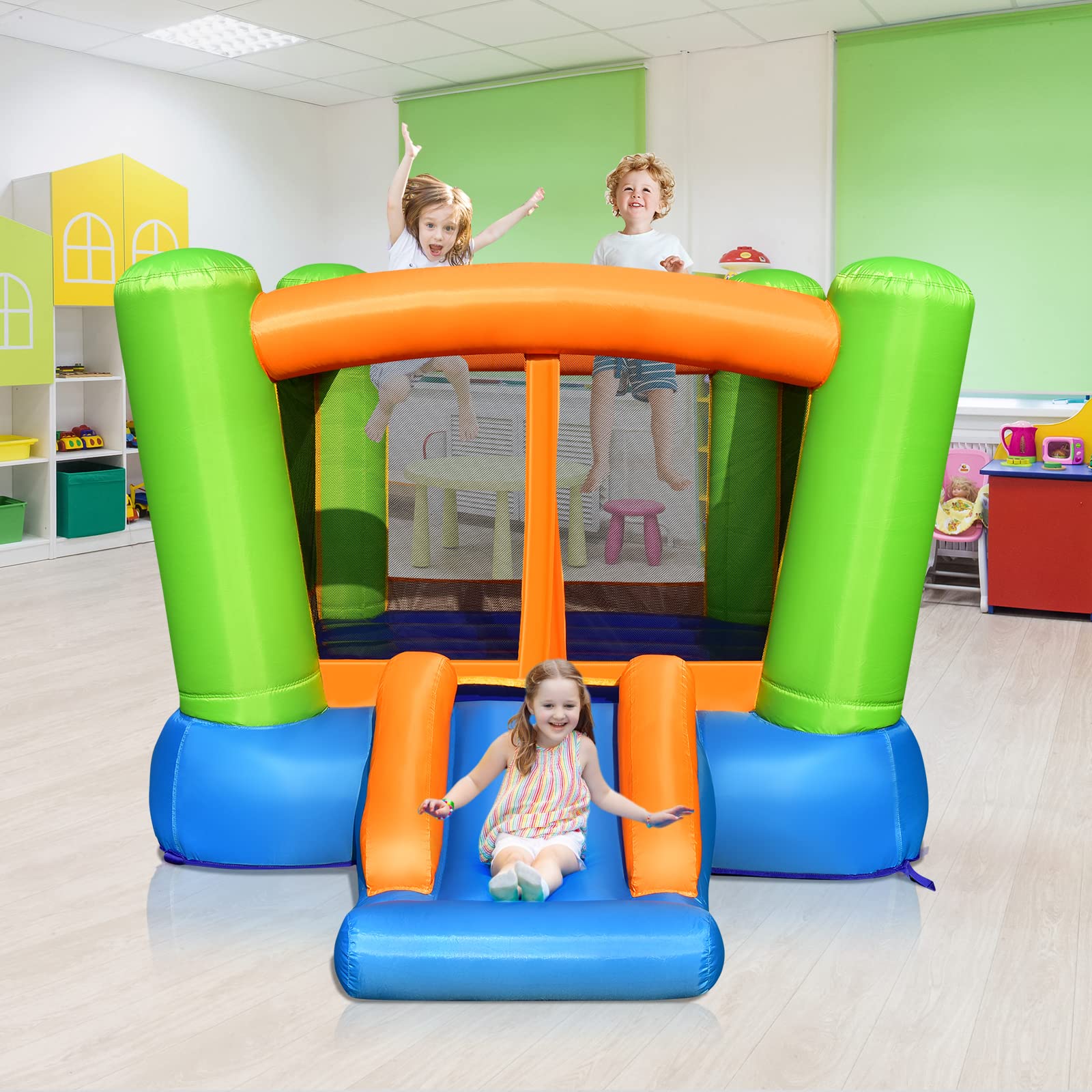 GYMAX Castello Gonfiabile, con Trampolino, Scivolo e Rete di Protezione, Aspetto Carino per Bambini da 3 a 10 Anni, Adatto a Interni ed Esterni