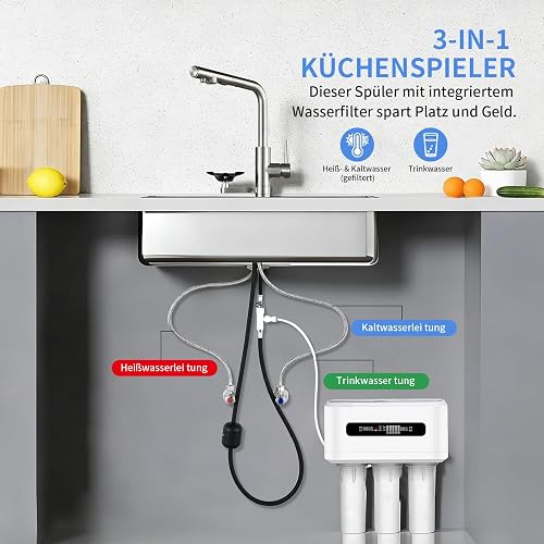 Robinet Cuisine 3 Voies Douchette avec Filtre Lave Verres, Double Sortie | Robinet de Cuisine 3-en-1 LakeBayMZC Miscelateur Extractible évier, 304 Inox Brossé, Rotation 360° pour Cuisines Bars - 6