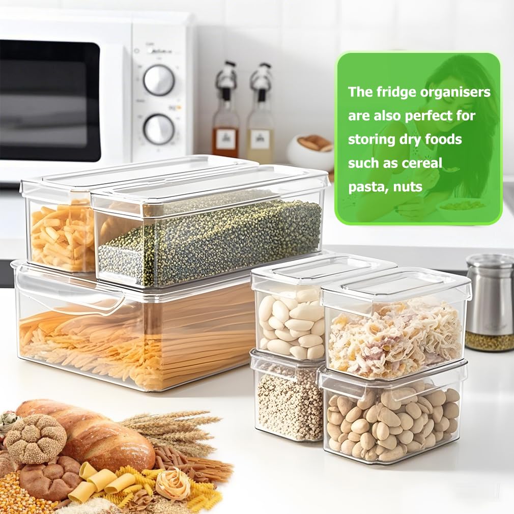 10 Stück kühlschrank Organizer, Stapelbare Fridge Organizer mit Deckel, Space Savers Aufbewahrungsbox Kühlschrank, Kühlschrank Organizer küche für Lebensmittel, Obst und Gemüse Aufbewahrung