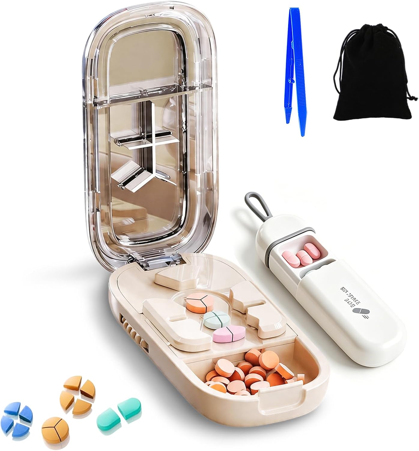 Pill Cutter Splitter for Small or Tiny and Large Pills, Precise Split 1/2, 1/3, 1/4, Pill Divider for Seniors, Adults, Kids and Pets, with Portable Pill Dispenser & Storage Bag and Tweezers