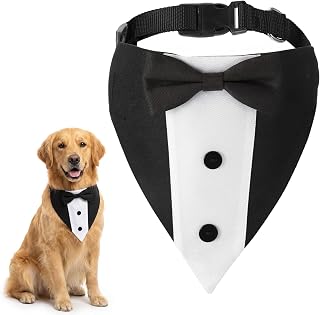 Hochzeit Hunde Smokinghalsband mit Fliege, verstellbares Hochzeits-Bandana-Halsband-Kostüm für mittelgroße bis große Hunde (Größe L)(Schwarz)