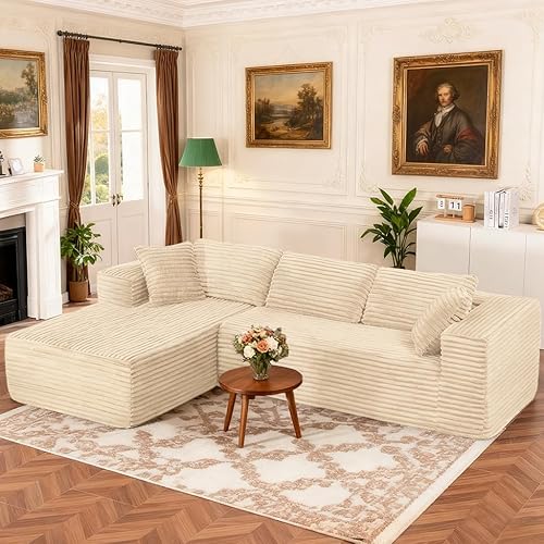 COMHOMA Sofá modular modular de 105 pulgadas con asiento profundo, sofá tapizado en forma de L, brazos anchos, tela de pana de alta densidad,
