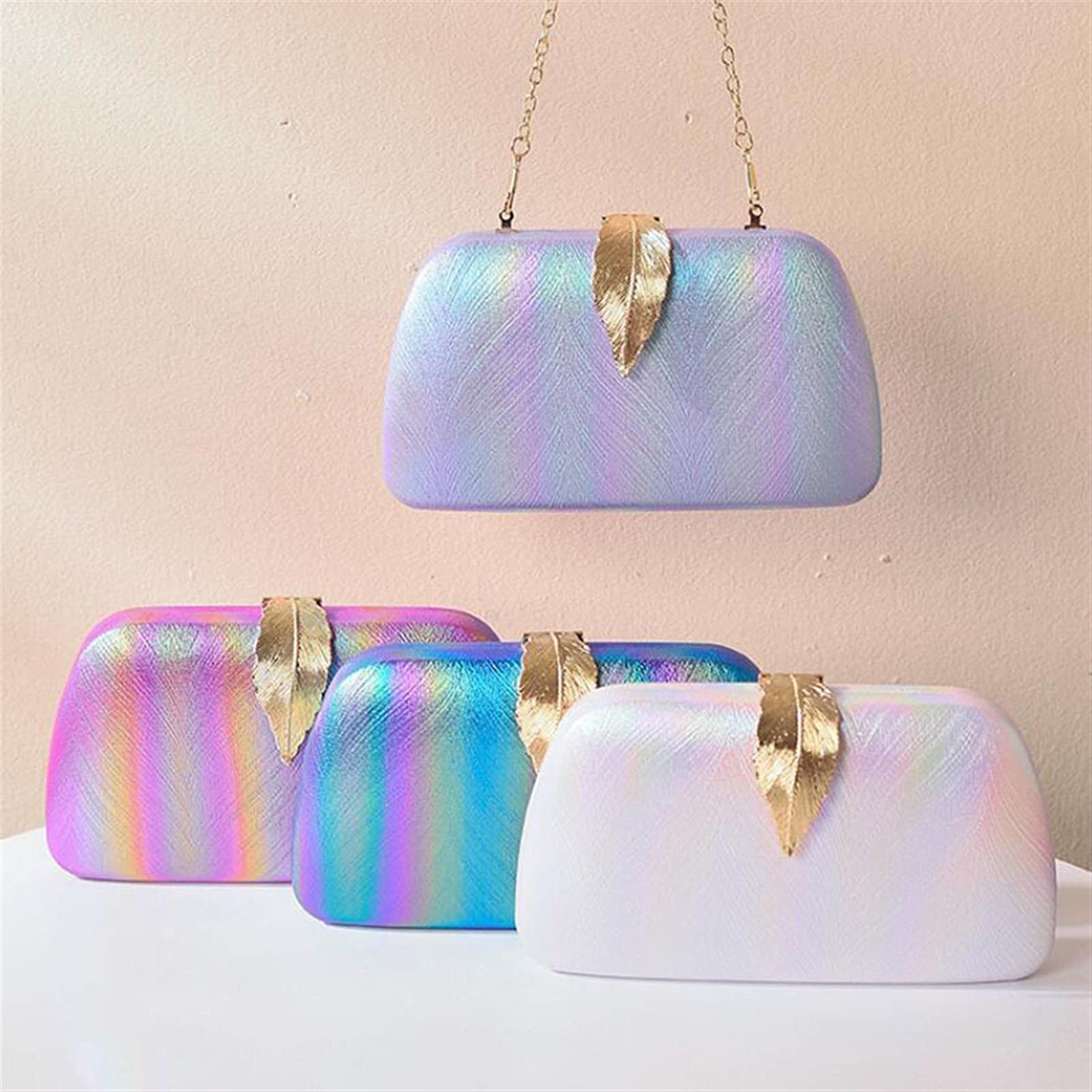 Borsa A Tracolla In Acrilico Con Paillettes Arcobaleno – Forma A Mezzaluna, Con Catena, Per Serate E Matrimoni - 3