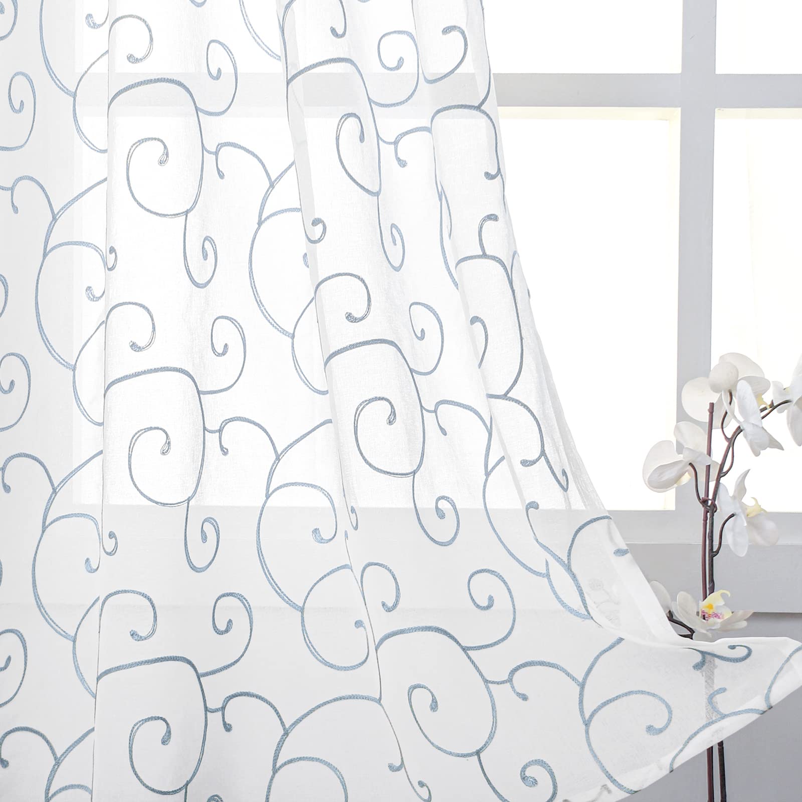 BGment Embroidered Semi Sheer Curtains Grommet Faux Linen Light Filtering Window Drapes for Living Room and Bedroom, 2 Panels, 52 x 95 Inch, Grey