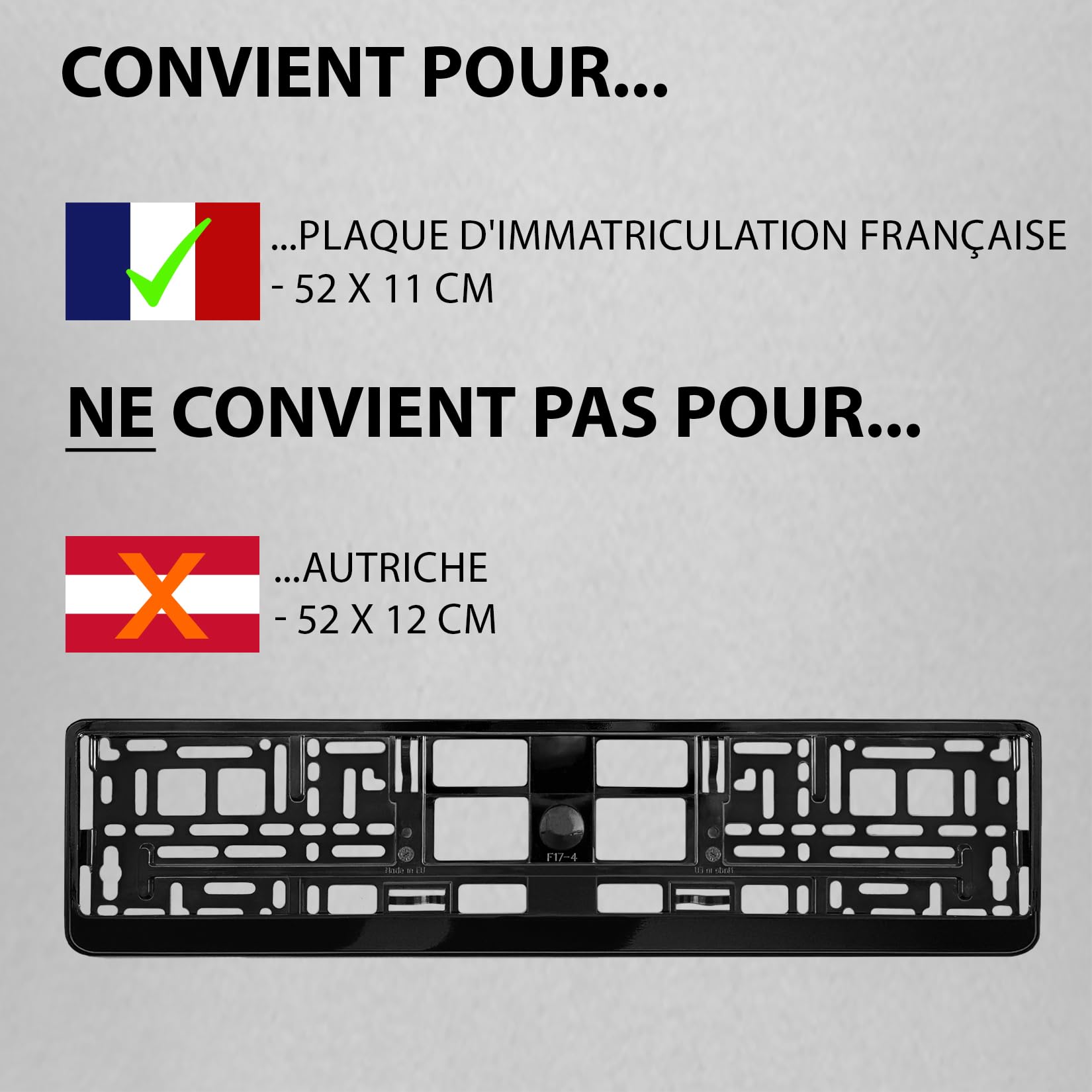 Support Plaque Immatriculation Voiture - [Simple, Durable & sur] - 8 Vis - 520x110 mm - Noir Brillant - Auto Porte Plaque Immatriculation adapté pour Toute Voiture - Fixation pour Plaque - Universel