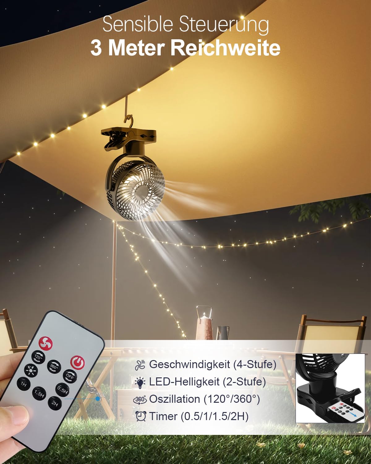 360° Oscilación Ventilador Pinza con Mando a Distancia - 10000mAh Portatil Recargable USB Ventilador de mesa - Silencioso Mini Clip Ventilador Camper 4 Niveles & Temporizador - luz LED- 75H - Ø17.5cm