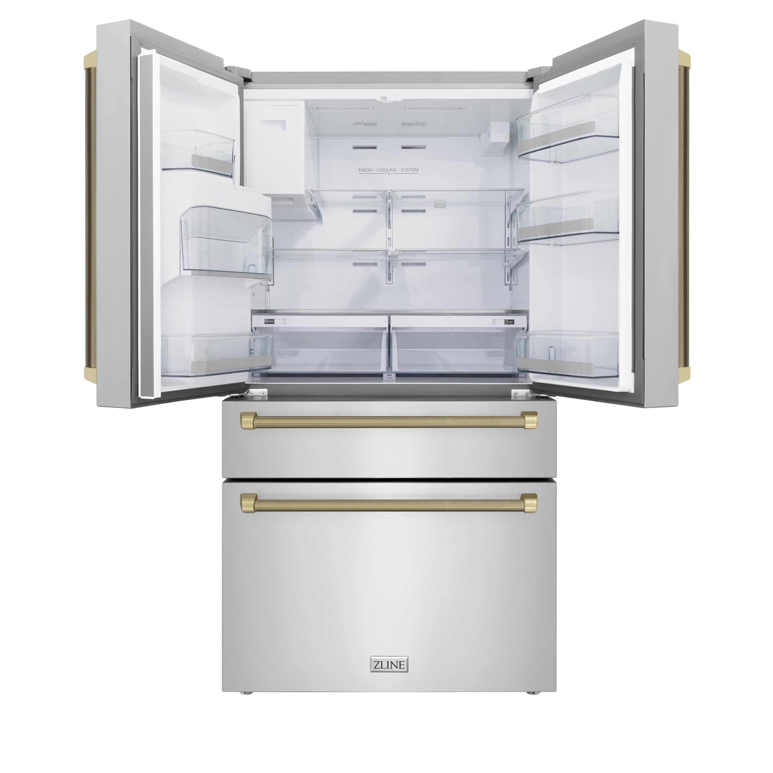 ZLINE Autograph Edition 36 in. 21.6 cu. ft. Counter-Depth French Door Refrigerator with Water and Ice Dispenser in Fingerprint-Resistant Stainless Steel with Champagne Bronze Helix Handles on Fridge.com