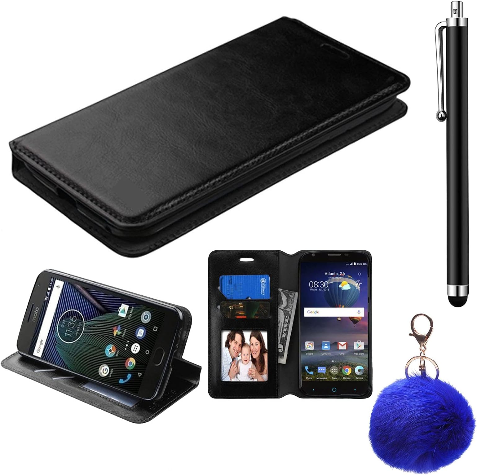 Samsung Galaxy J7 Perx case, J7 Sky Pro case, J7V J7 V case, Designer Leather Flip Premium Wallet Pouch Credit Card Cover Case, Stylus Pen, Fur Key Chain (Black)