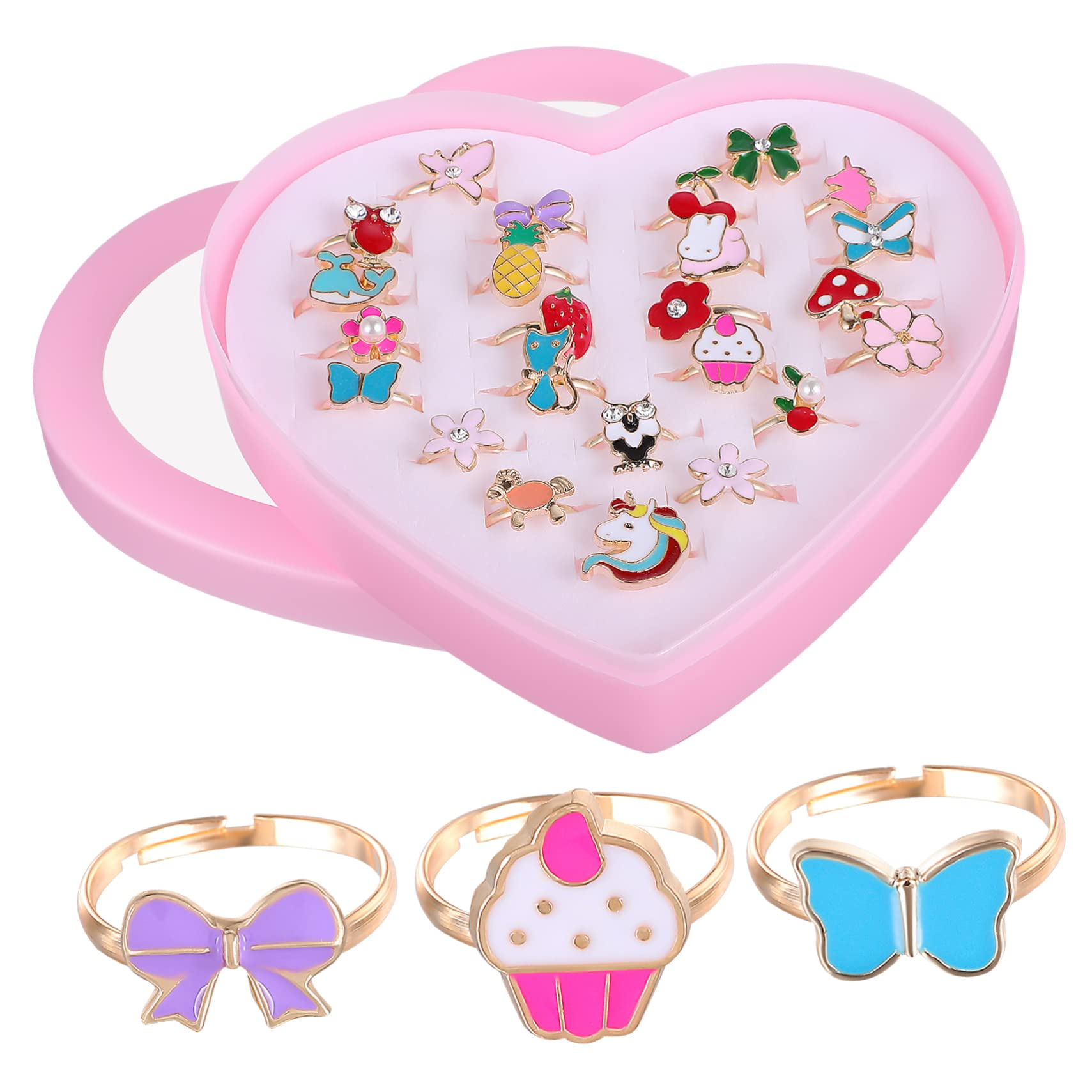 QUMIIRITY 24Pcs Adjustable Cartoon Rings Jewelry with Heart Shaped Storage Box for Dress Up Birthday and Party Favors