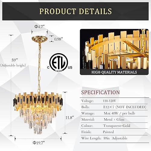 Miniatura 3 de CATINER Candelabros modernos de cristal, negro y dorado, gran lámpara redonda de 20 pulgadas para comedor, lámpara colgante de techo de lujo de 4