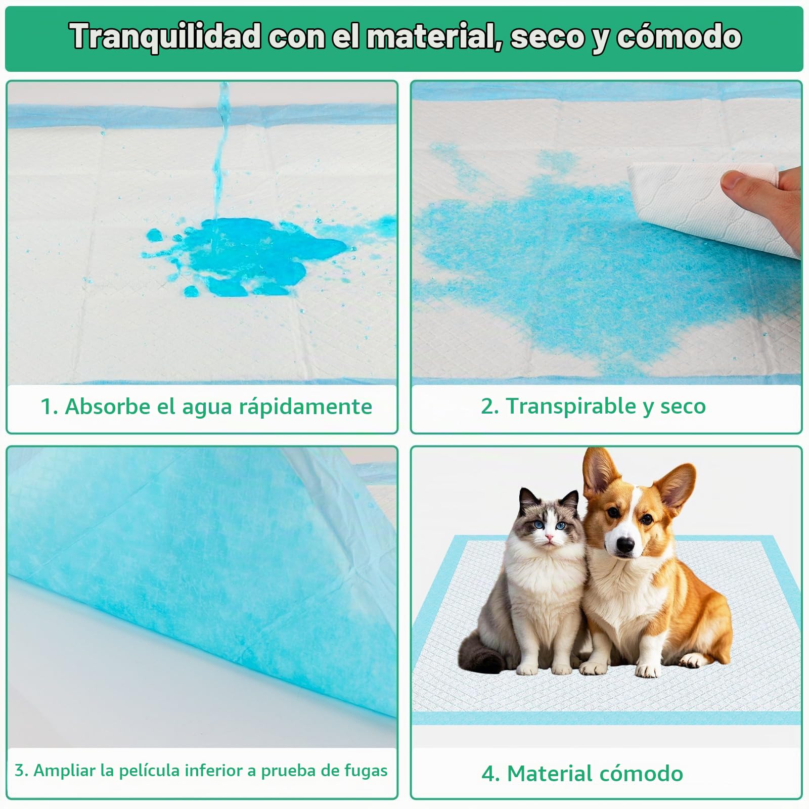 100 Piezas Empapadores Perros, 60x60 cm Resguardos para Cães, Almohadillas de Adiestramiento de Gatos y Cachorros Diseñada en 6 Capas y Puede Absorber rápidamente la Humedad