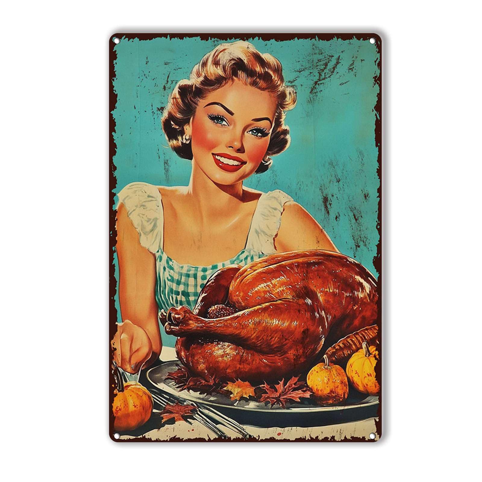 Anceky woman and turkey Metal Tin Sign Retro Signs Wall Decor for Home Kitchen Yard Outdoor Cafe 12×16 Inch