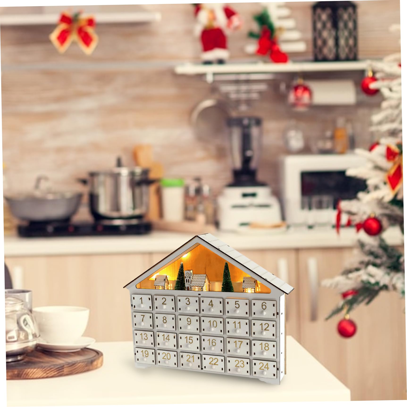 Llena tu propio calendario de adviento, calendario de adviento de madera con 24 cajones y luces LED reutilizables vacías para llenarte para decoraciones navideñas sin batería, adornos de Navidad