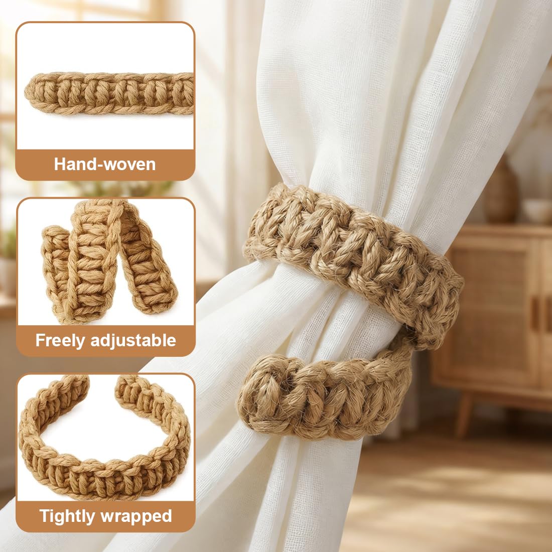 4 pezzi fermatenda boho intrecciati Fermatenda per tende fatti a mano senza foratura per soggiorno, camera da letto, ufficio