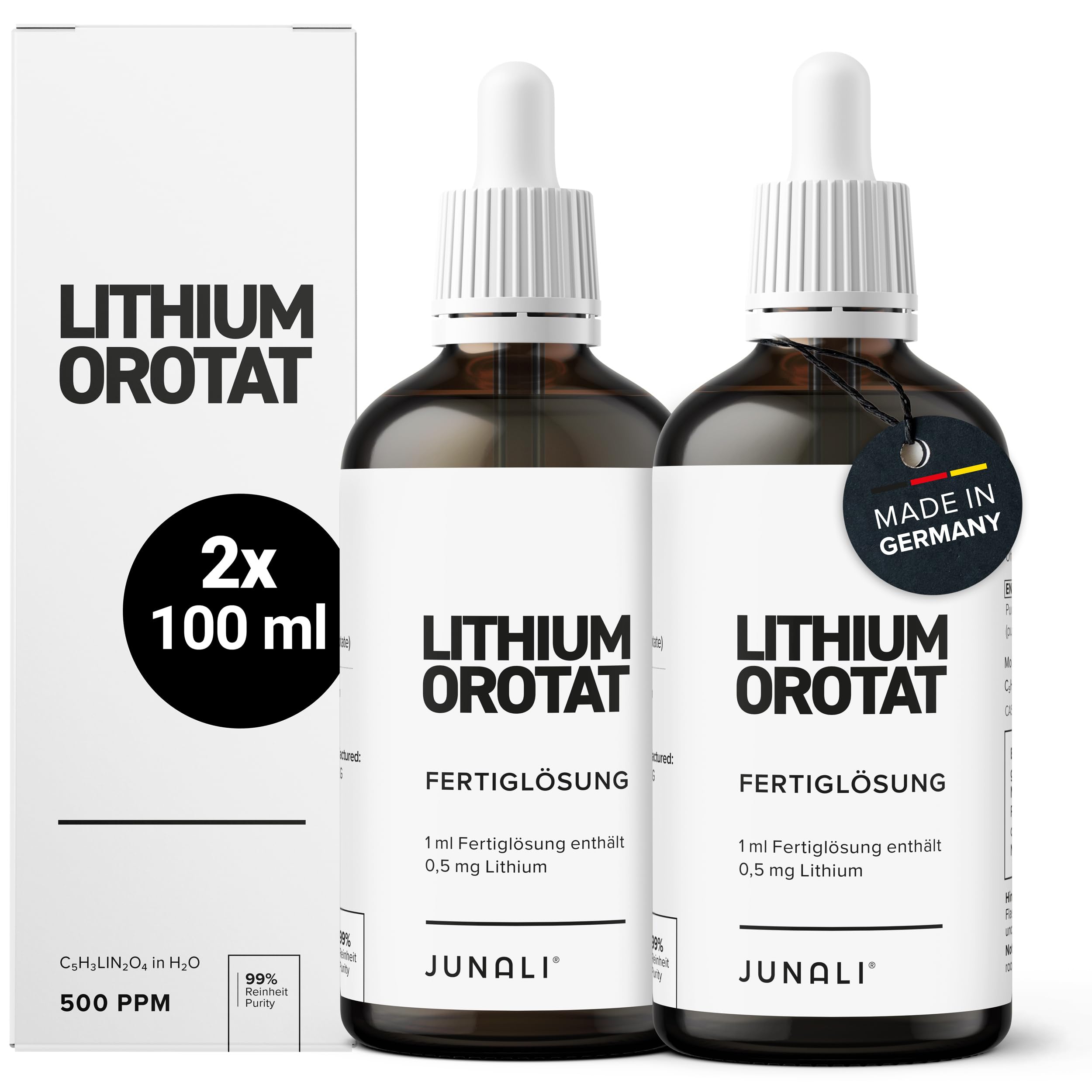 Soluzione di litio 500 ppm – Litio orotato puro di qualità farmaceutica – 2x 100 ml – Testato in laboratorio, prodotto in Germania da JUNALI