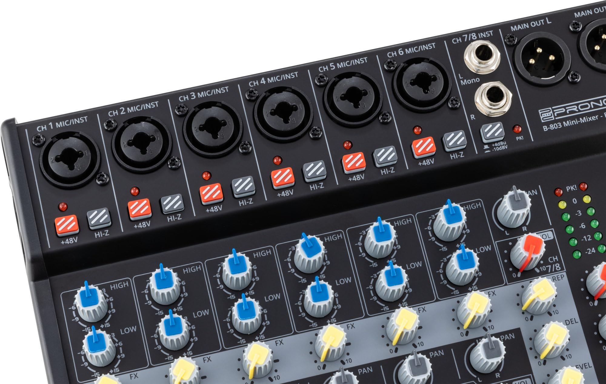 Pronomic B-803 Mini-Mixer mit Bluetooth und USB-Recording, 3mm Klinke | Kompakter 8-Kanal Mixer, 6 Mono-Kanäle mit symmetrischem XLR/Klinke-Eingängen, 1 Stereo-Kanal mit Klinke-Eingängen, 45 kg