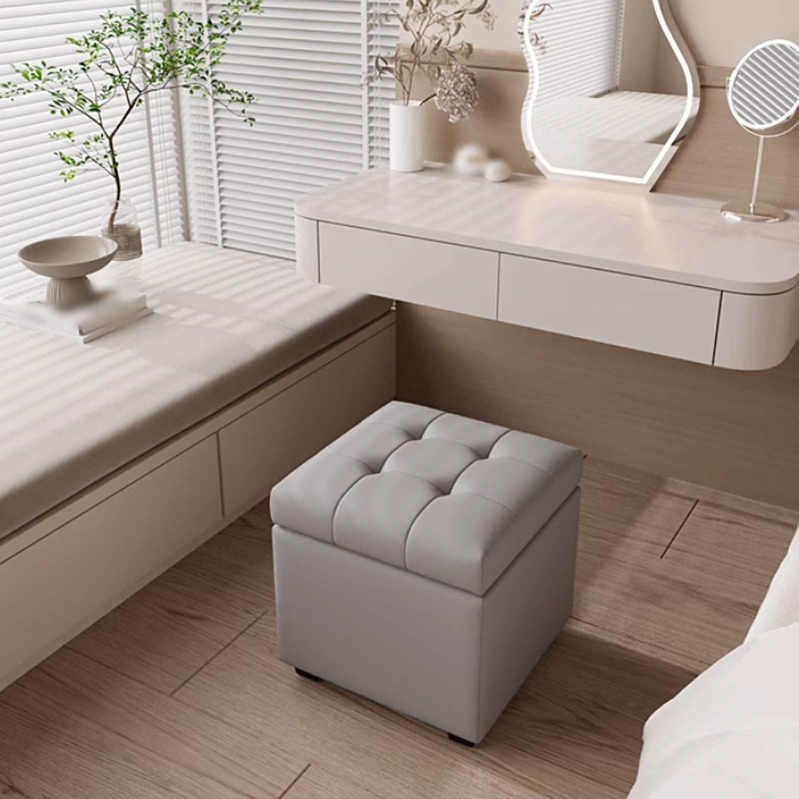 Robusto Ottomani in Pelle con Coperchio ad Alta risorsa ottomane Piede ripieno robuste Pouf ottomane Grigio Grigio Sgabello da vanità Quadrato risparmia Spazio