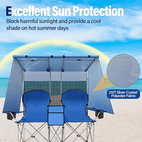 Miniatura 4 de Silla de playa doble con pantalla de toldo, silla de campamento resistente para adultos, silla de playa plegable con soporte para tazas, bolsa