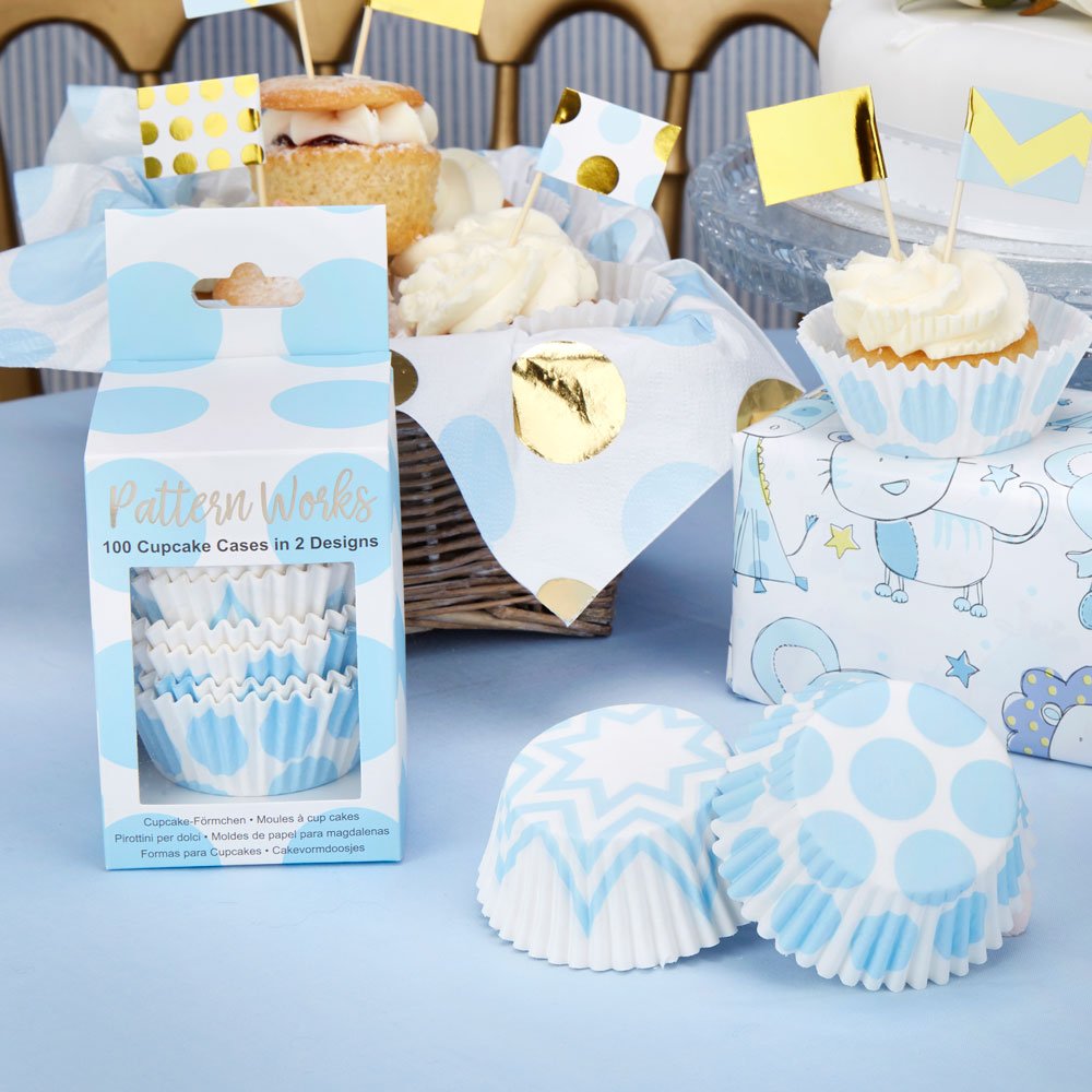 Neviti Modello Works - Pirottini Per Cupcake Blu, Confezione Da 100 Pezzi, Mix Di Fantasie Bianche E Blu, Perfetti Per Dolci E Muffin