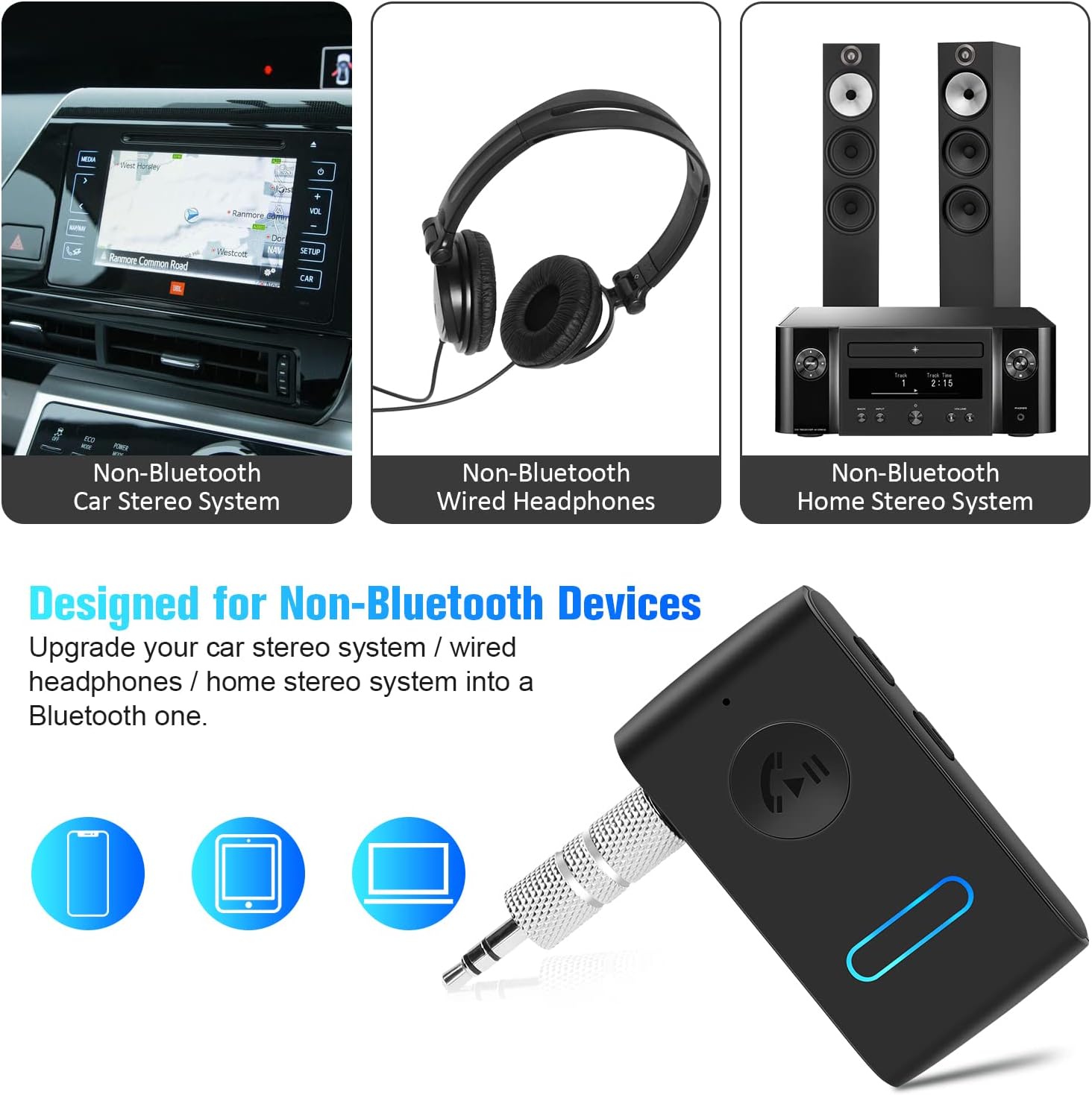 Giveet Bluetooth AUX Receiver for Car, Noise Cancelling Wireless Bluetooth 5.0 Music Adapter for Home Stereo/Wired Headphones with Volume Control, Hands-Free Calls, Dual Connection, 12H Battery Life