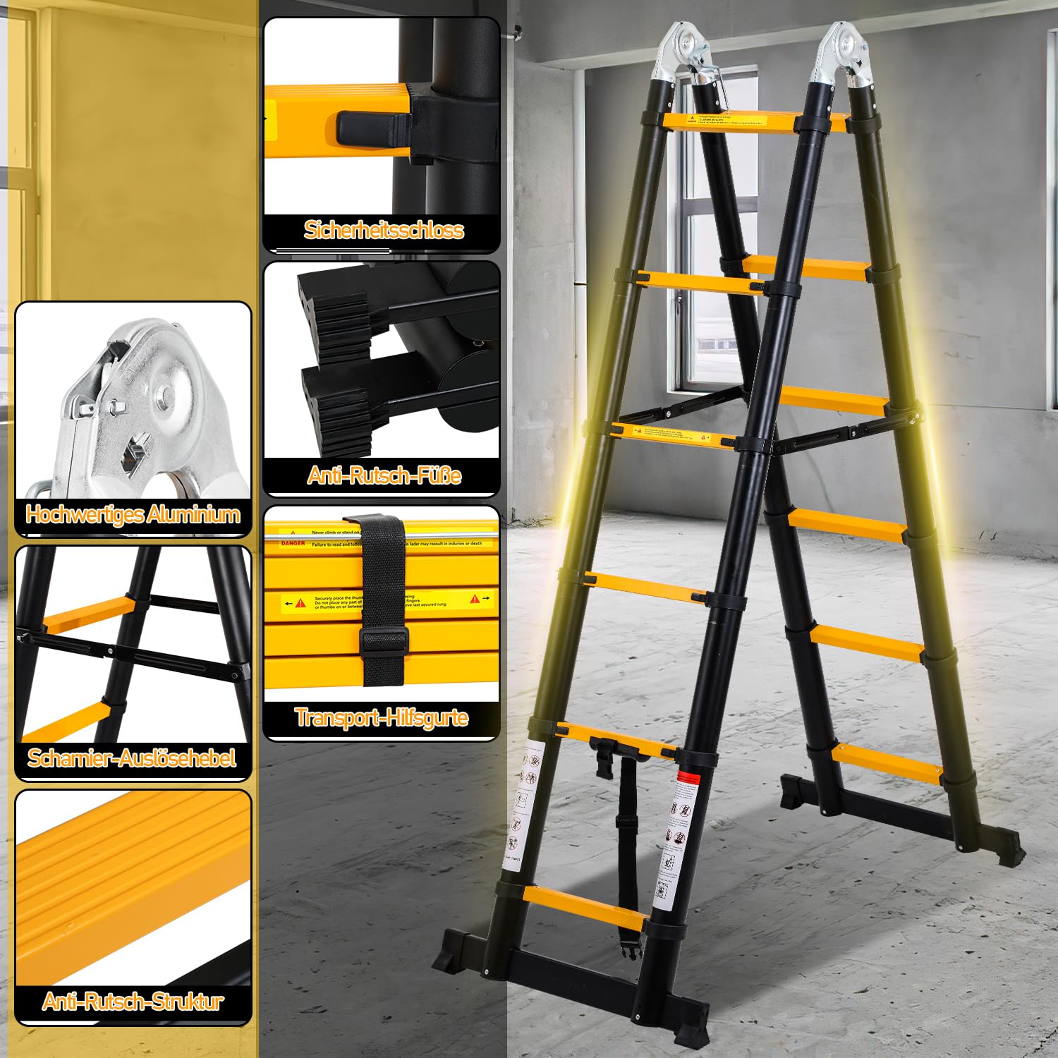 Eulenke teleskopleiter klappleiter 2,5M+2,5M Aluleiter 8+8 Stufen Stehleiter Klappleiter, 150 kg Belastbarkeit, Teleskop Ausziehleiter Haushaltsleiter, Leiter ausziehbar Schwarz Gelb