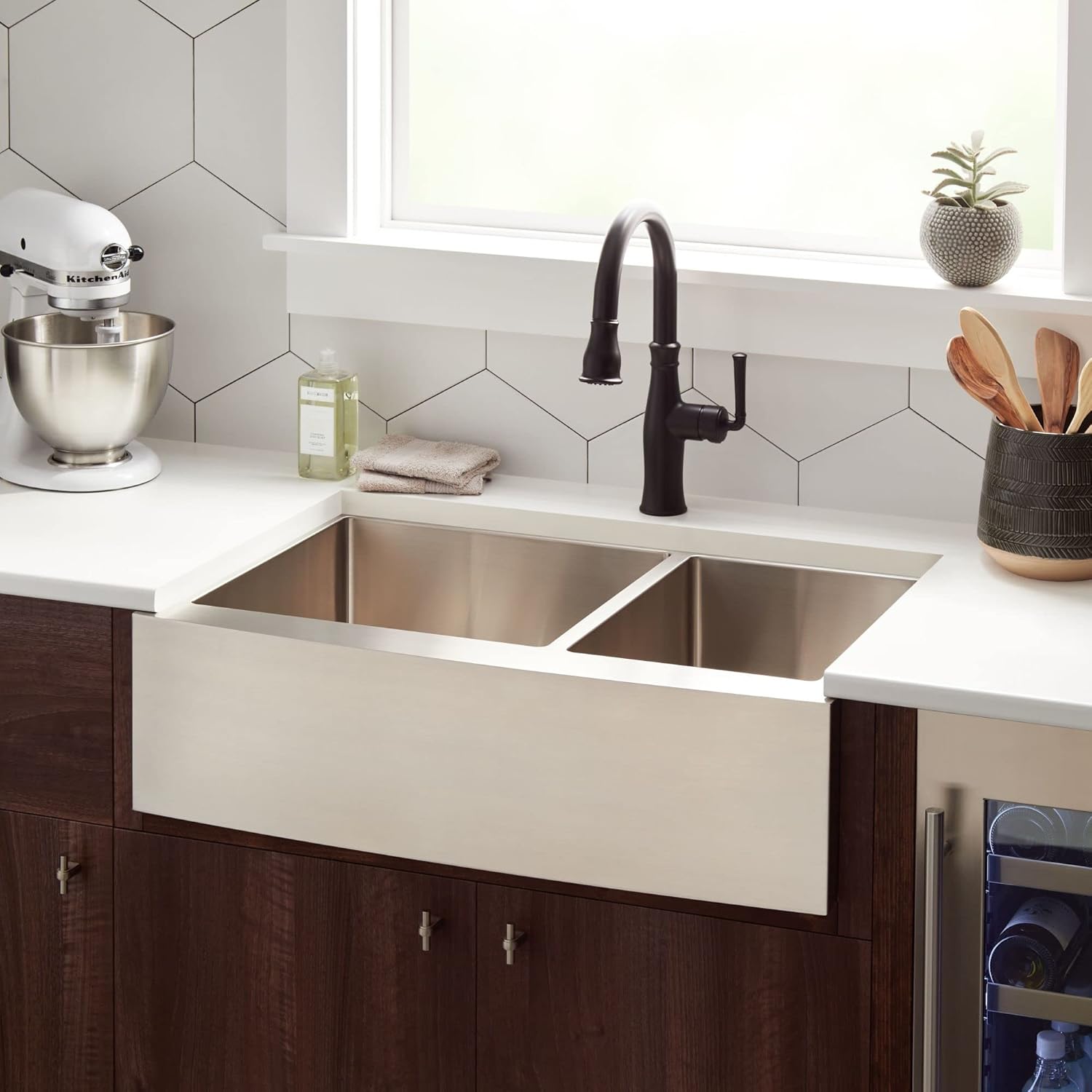Signature Hardware 478422 Fournier 36" Farmhouse 60/40 Double Basin Stainless Steel Kitchen Sink
