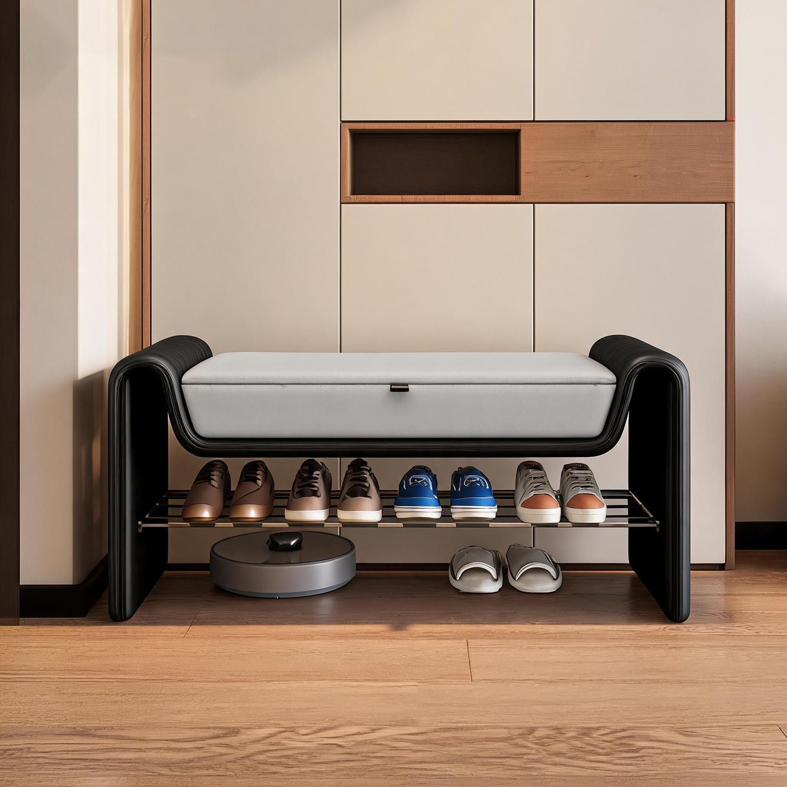 Banc de rangement structure arquée en similicuir au design élégant pour la maison