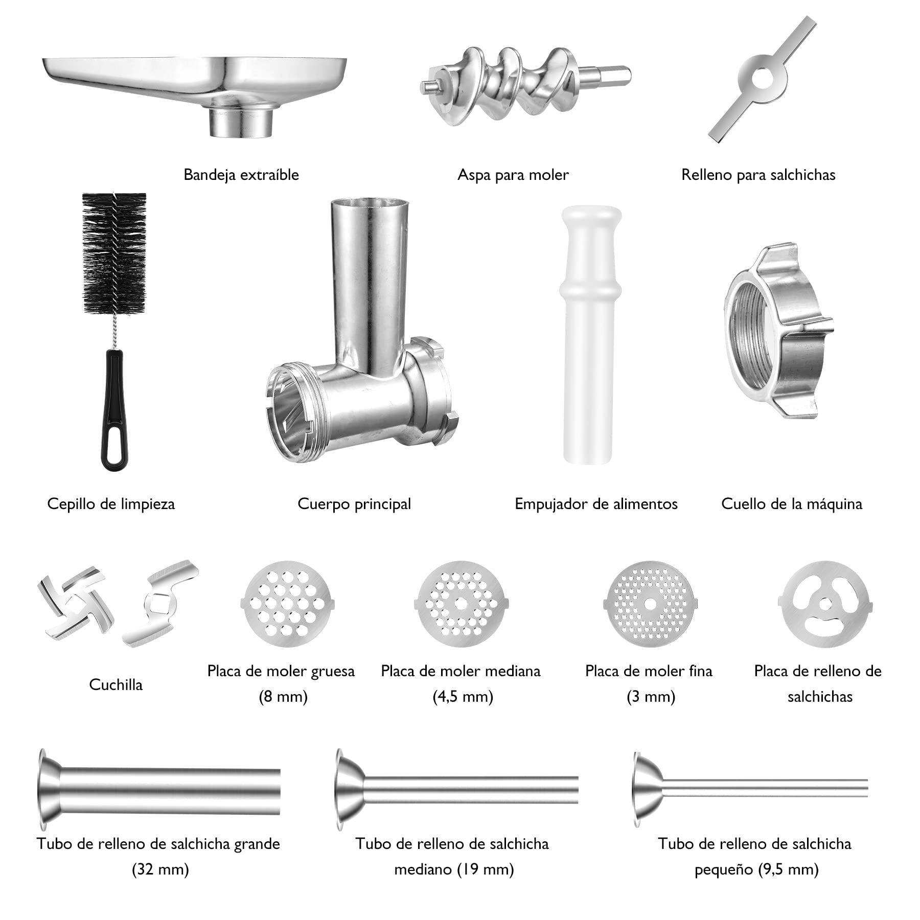 AMZCHEF Accesorios para picadora de carne para extractores de zumo - Accesorios para ZM1501 y GM3001-3 tubos para rellenar salchichas, 3 cuchillas de rectificado, 4 placas de molienda - sin maquina