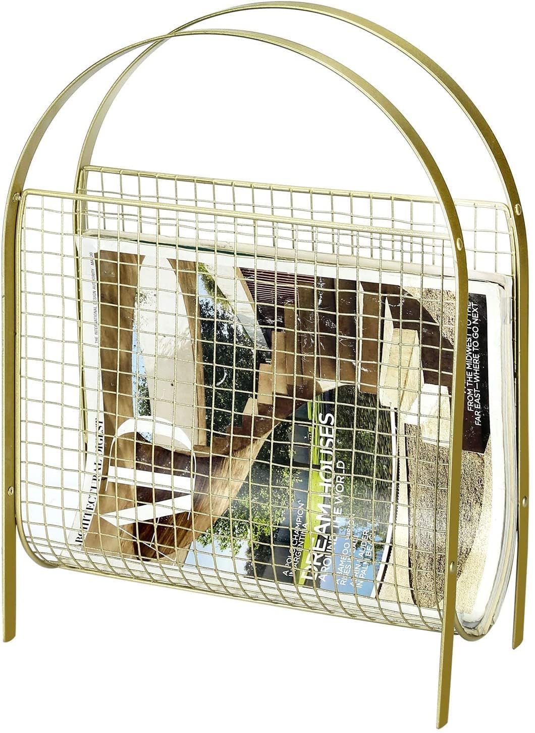 OGFC 38522 Modern Mid-Century Design Vintage Metal Freestanding Magazine Organizer Holder Rack Sling - Golden-picture-26