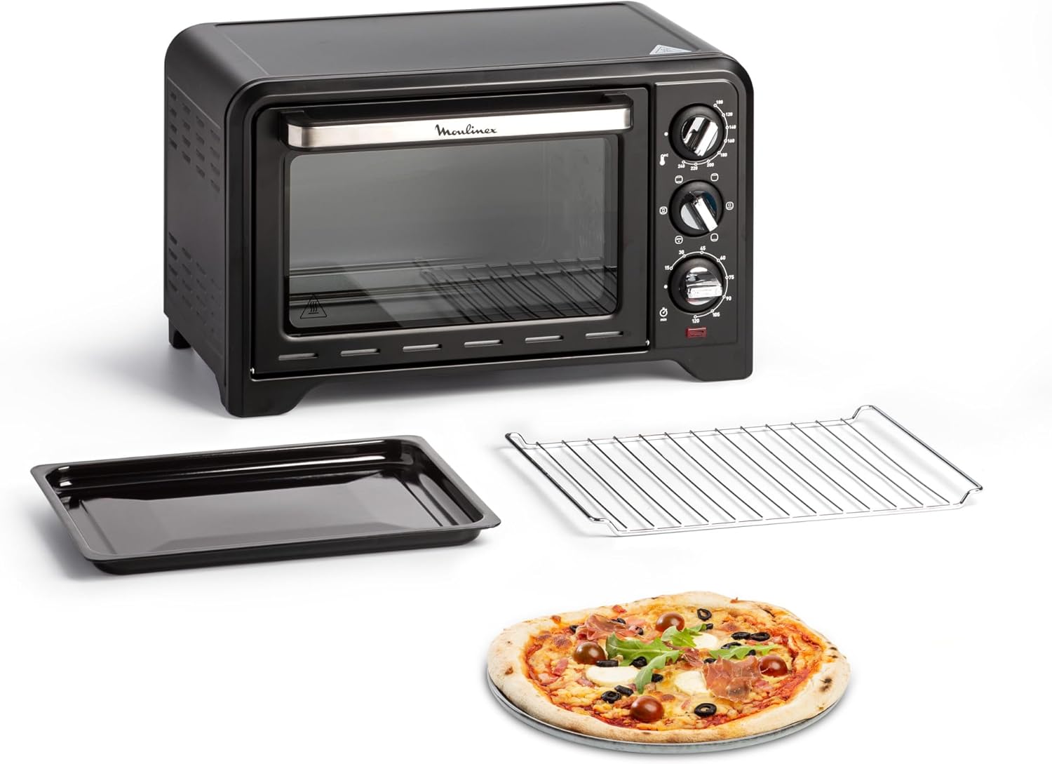 Moulinex Optimo 19 L Electric Oven with accessories and a cooked pizza