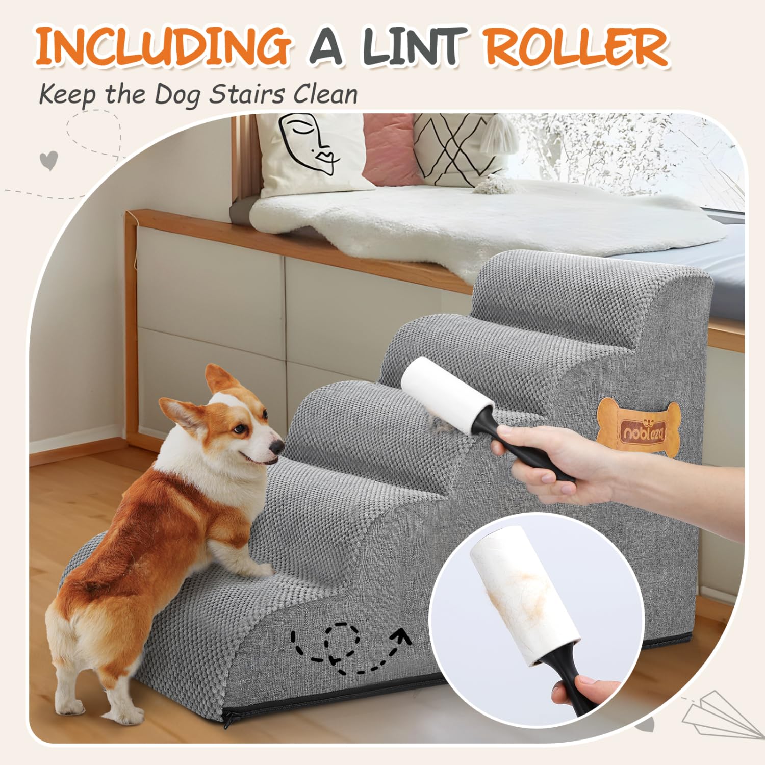 Nobleza Hondentrap, helling voor honden, huisdieren, schuim, 5 treden met pluisroller, ladder voor bed voor kleine honden en katten