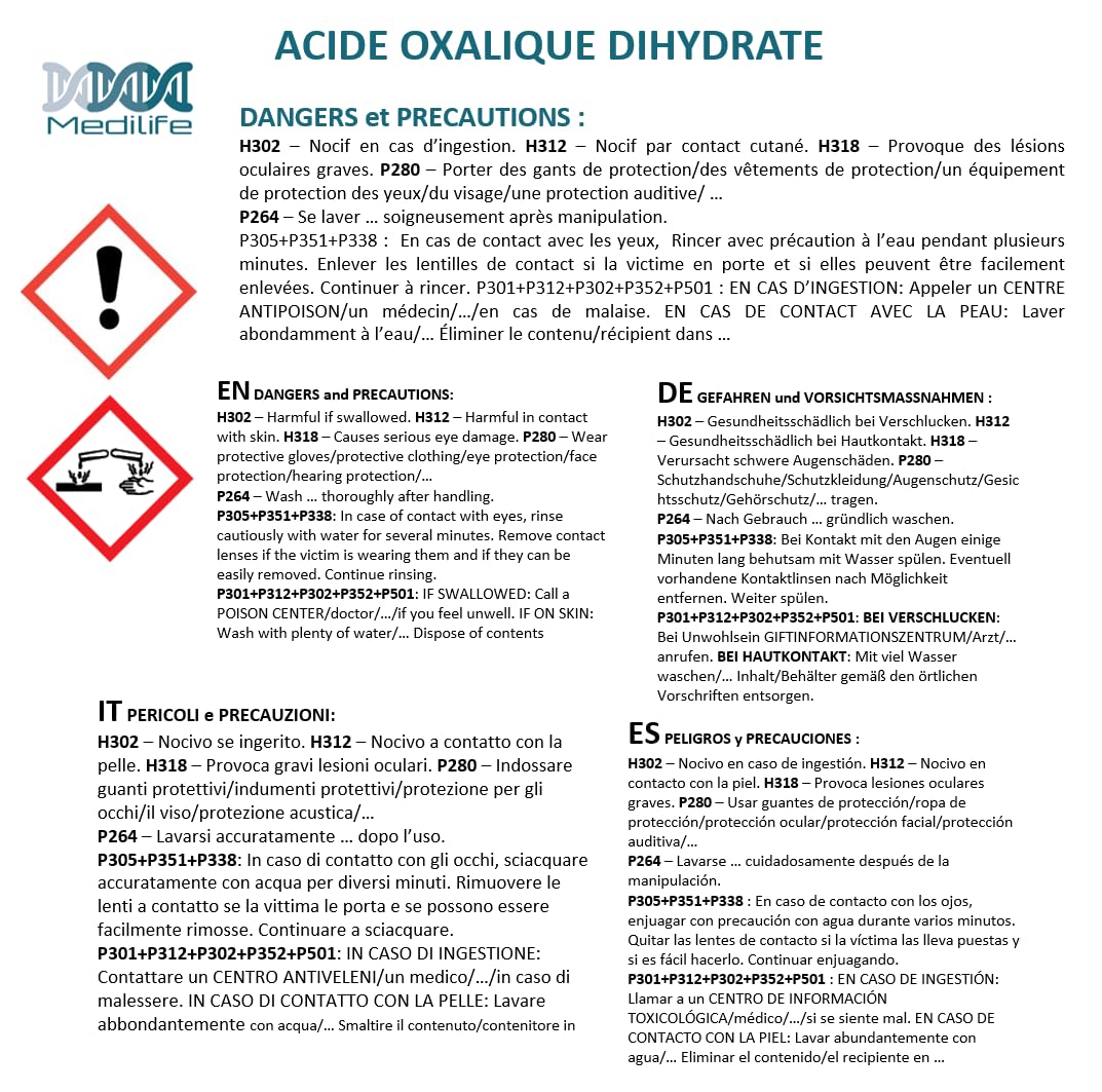 5kg ACIDE OXALIQUE DIHYDRATE - Sel d'oseille - Eclaircit le bois - Elimine la rouille - Désoxyde les métaux - Remet à neuf