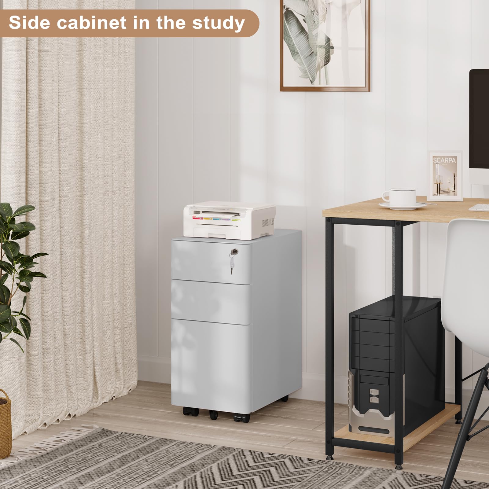 WOLTU Caisson de Bureau Mobile, Meuble de Rangement pour Dossiers Suspendus Format A4, Caisson sur roulettes, Armoire Documents avec 3 Tiroirs Verrouillables, en Métal, Blanc, 30x45x60 cm, ASK10ws