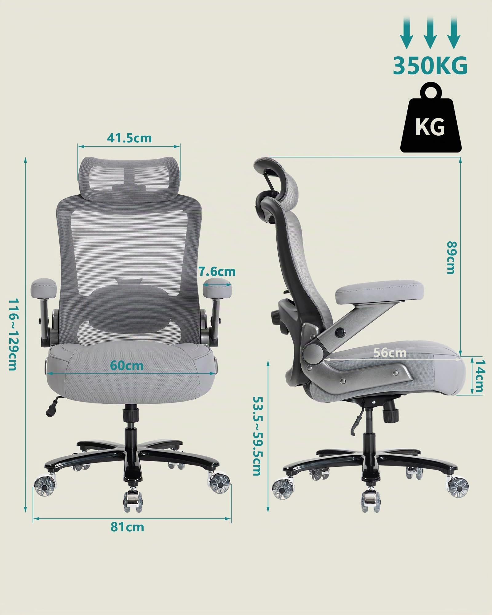 Ergonomischer Bürostuhl mit Lordosenstütze & Kopfstütze, bis 350 kg belastbar, Höhenverstellbar, Mesh-Rückenlehne mit Kippfunktion, Verstell- & Klappbare Armlehnen, Breiter Sitz, Grau