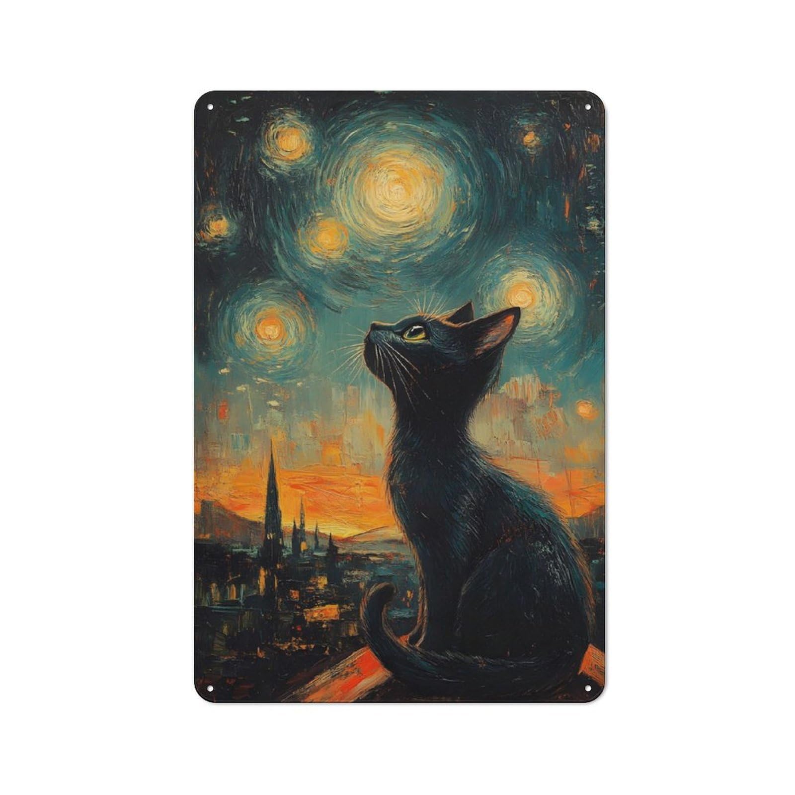 Junmoney Cat Starry Night Metal Sign 30X20cm With For Garage Wall, Vintage Decor, Tin Sign Wall Decor For Garages And Workshops