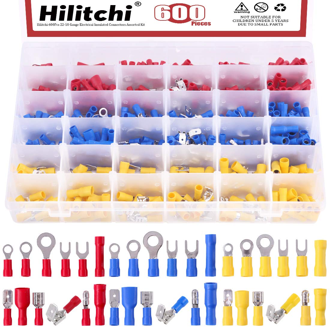 Hilitchi 600Pcs 22-10 Gauge Electrical Insulated Ring Bullet Butt Spade Fork Splice Crimp Wire Terminals Connectors Assorted Kit