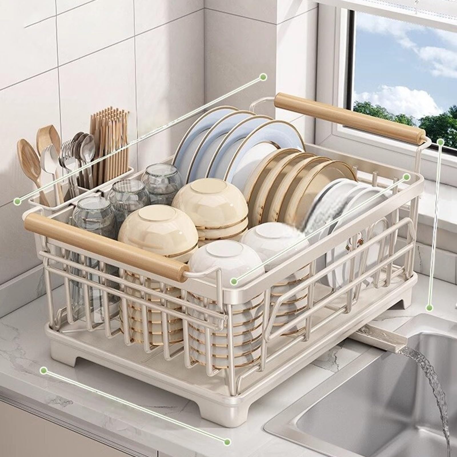 Escurridor de platos de acero inoxidable 304, para encimera de cocina | Acero inoxidable 304, bandeja de drenaje extraíble, organizador de cubiertos, antideslizante(Wit,50cm/19.6in)