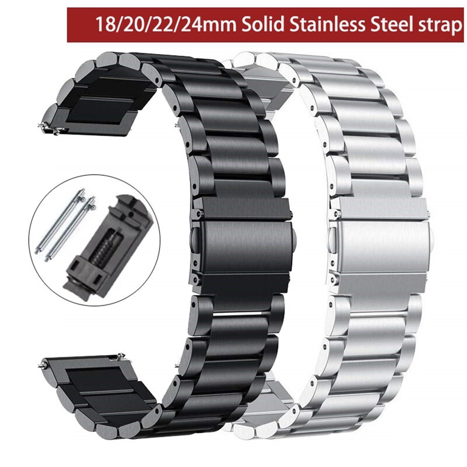 Bracelet de montre en métal en acier inoxydable à dégagement rapide de 18 à 24 mm avec boucle déployante universelle pour homme et femme - Convient pour montre intelligente (noir argenté