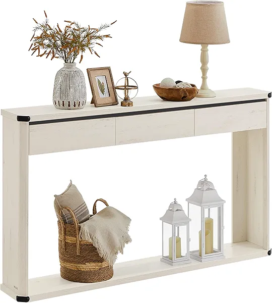 VASAGLE Console Table, 47.2 Inches Sofa Table, Narrow Entryway Table, Entry Table with 3 Drawers, Bottom Shelf, Metal Corners, for Living Room, Bedroom, Farmhouse Style, Rustic White ULNT143
