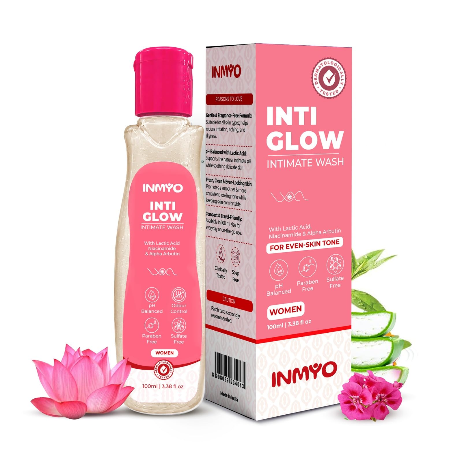 INMYO Inti Glow Brightening Intimate Wash for Women | pH Balance | Vaginal Wash | Feminine Hygiene Wash with Lactic Acid, Niacinamide & Alpha Arbutin | Prevents Itchiness, Irritation and Soothes Intimate Skin | Suitable for All Skin Types | 100ml-image-6